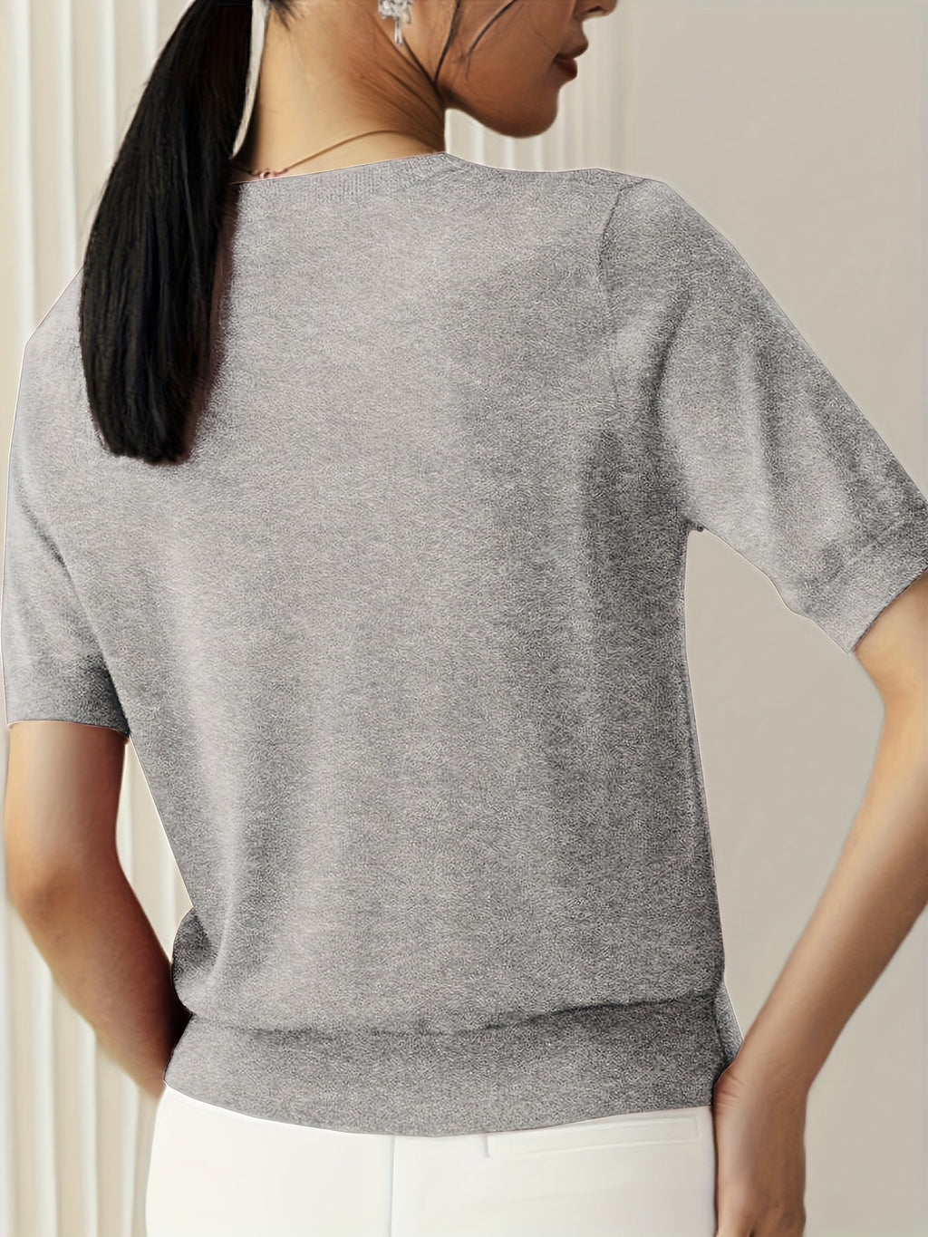Short Sleeve Knit Jumper Crew Neck Ribbed Layering