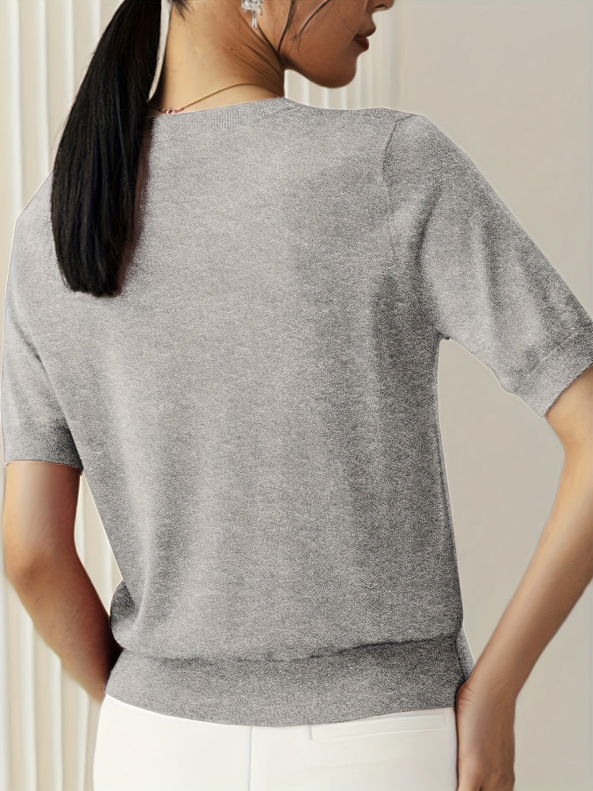 Short Sleeve Knit Jumper Crew Neck Ribbed Layering