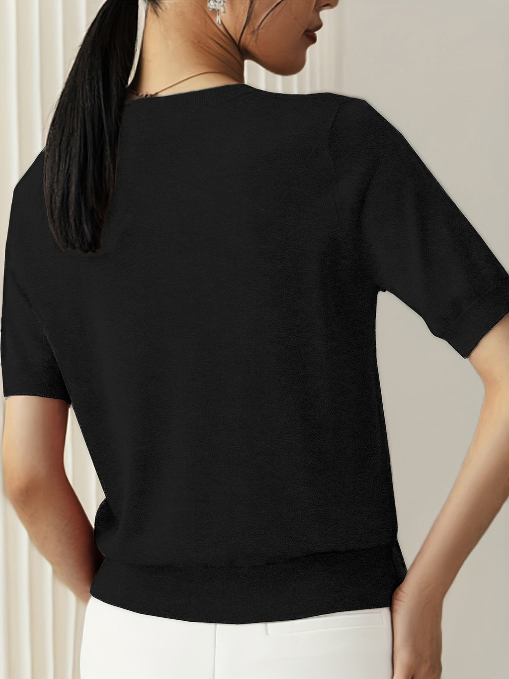 Short Sleeve Knit Jumper Crew Neck Ribbed Layering