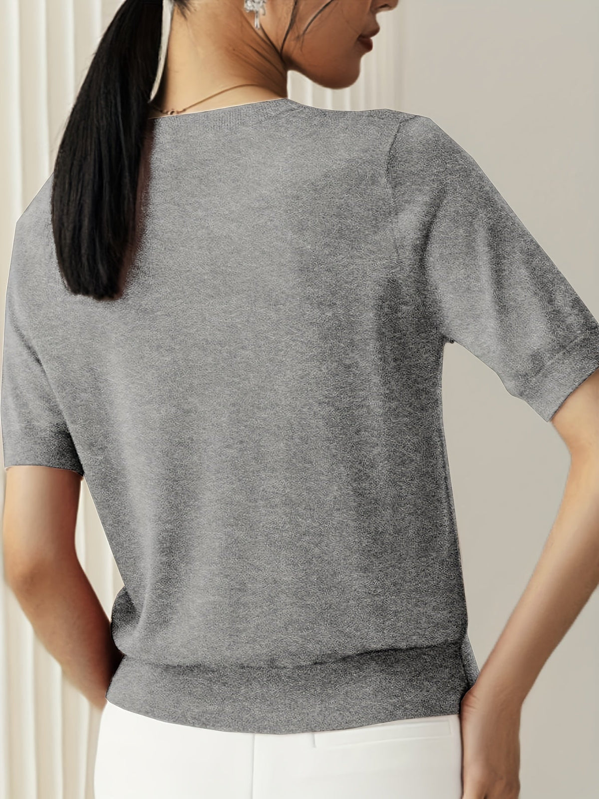 Short Sleeve Knit Jumper Crew Neck Ribbed Layering