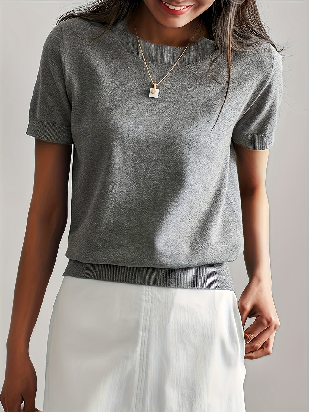 Short Sleeve Knit Jumper Crew Neck Ribbed Layering