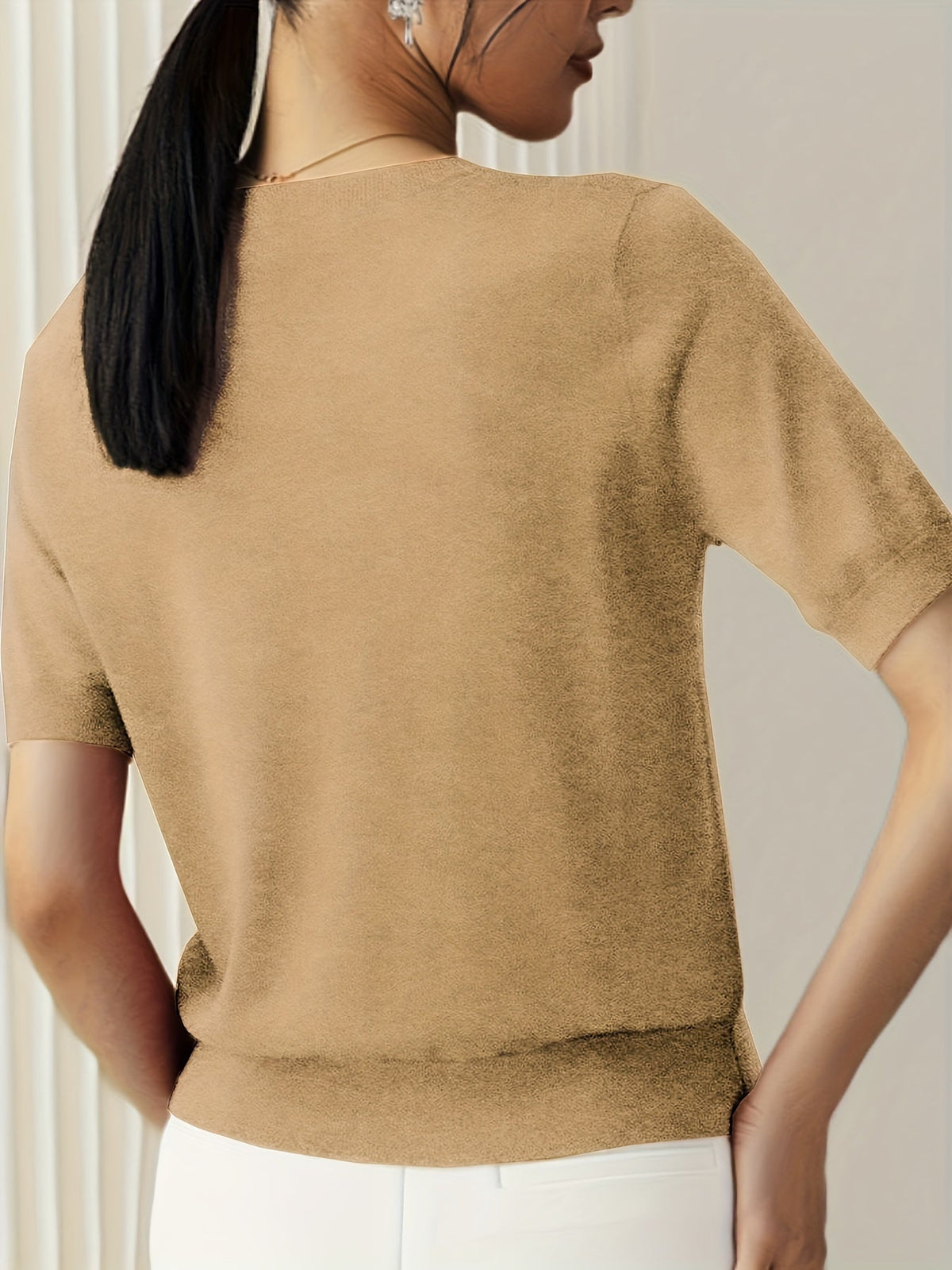 Short Sleeve Knit Jumper Crew Neck Ribbed Layering