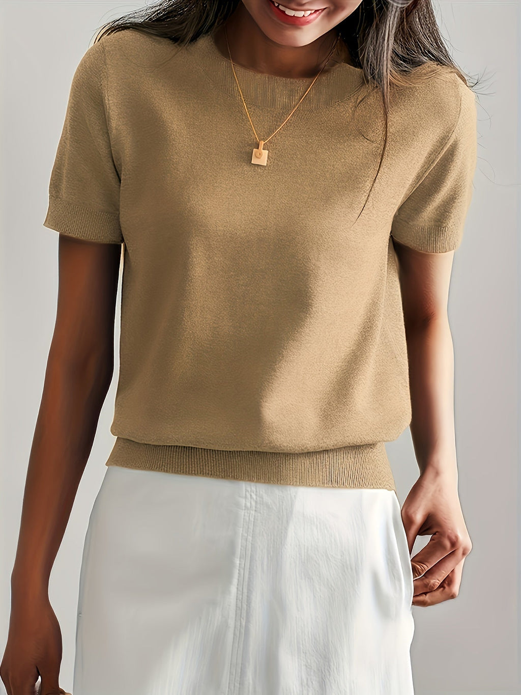 Short Sleeve Knit Jumper Crew Neck Ribbed Layering