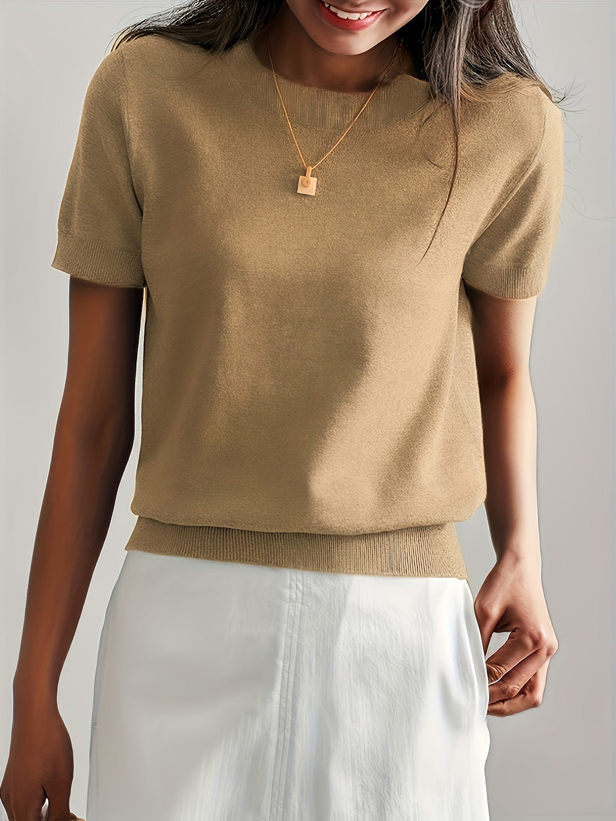 Short Sleeve Knit Jumper Crew Neck Ribbed Layering