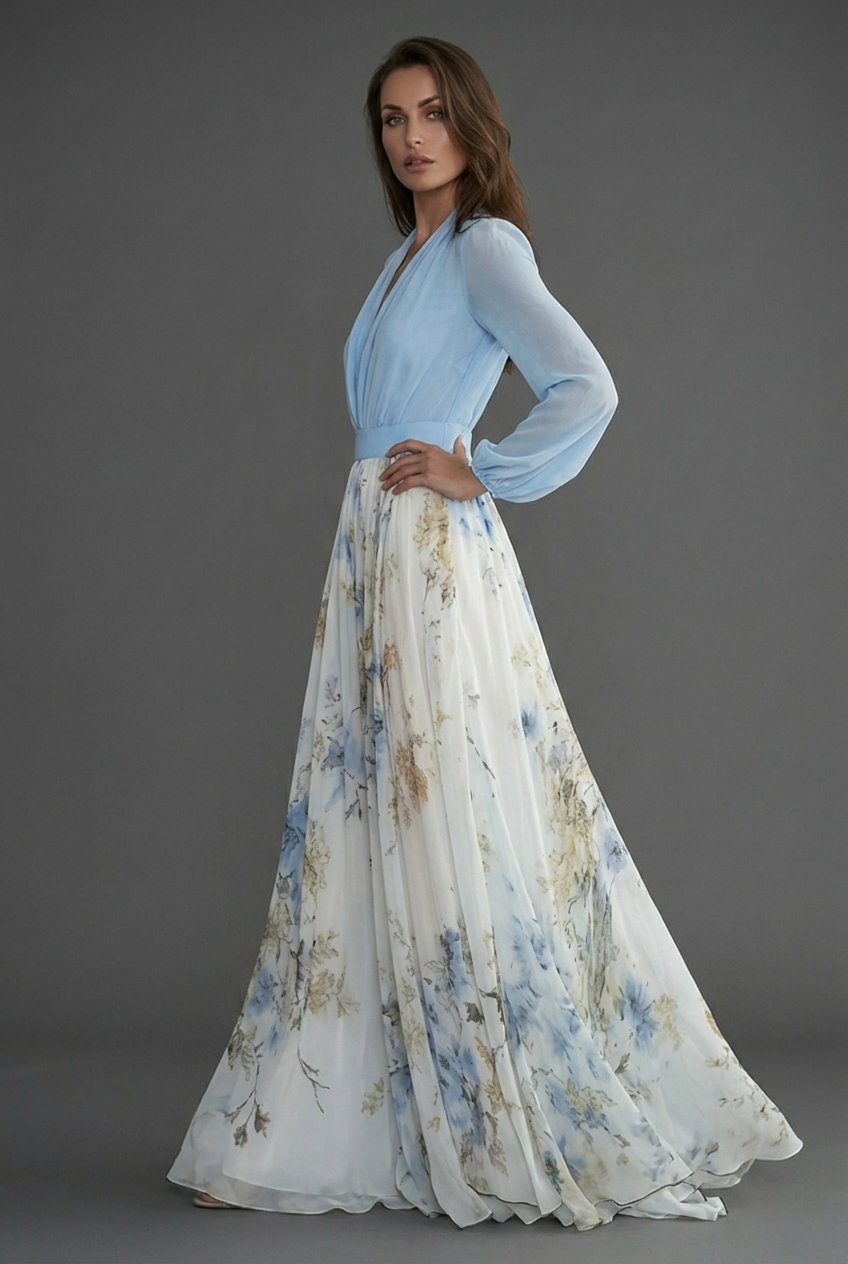 Floral Maxi Dress Chiffon Long Sleeve Ascot