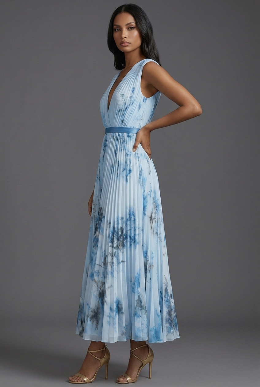 Wedding Guest Midi Dress Pleated Floral V-Neck