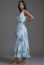 Wedding Guest Midi Dress Pleated Floral V-Neck