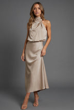 Wedding Guest Midi Dress Halterneck Satin Open Back