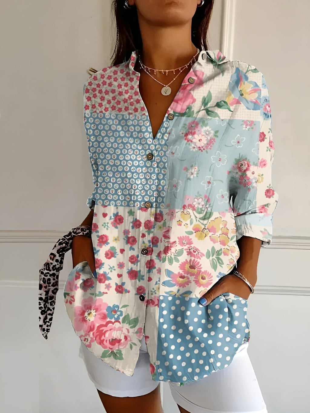 Abstract Print Split Neck Blouse Roll-Up Sleeve