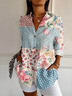 Abstract Print Split Neck Blouse Roll-Up Sleeve