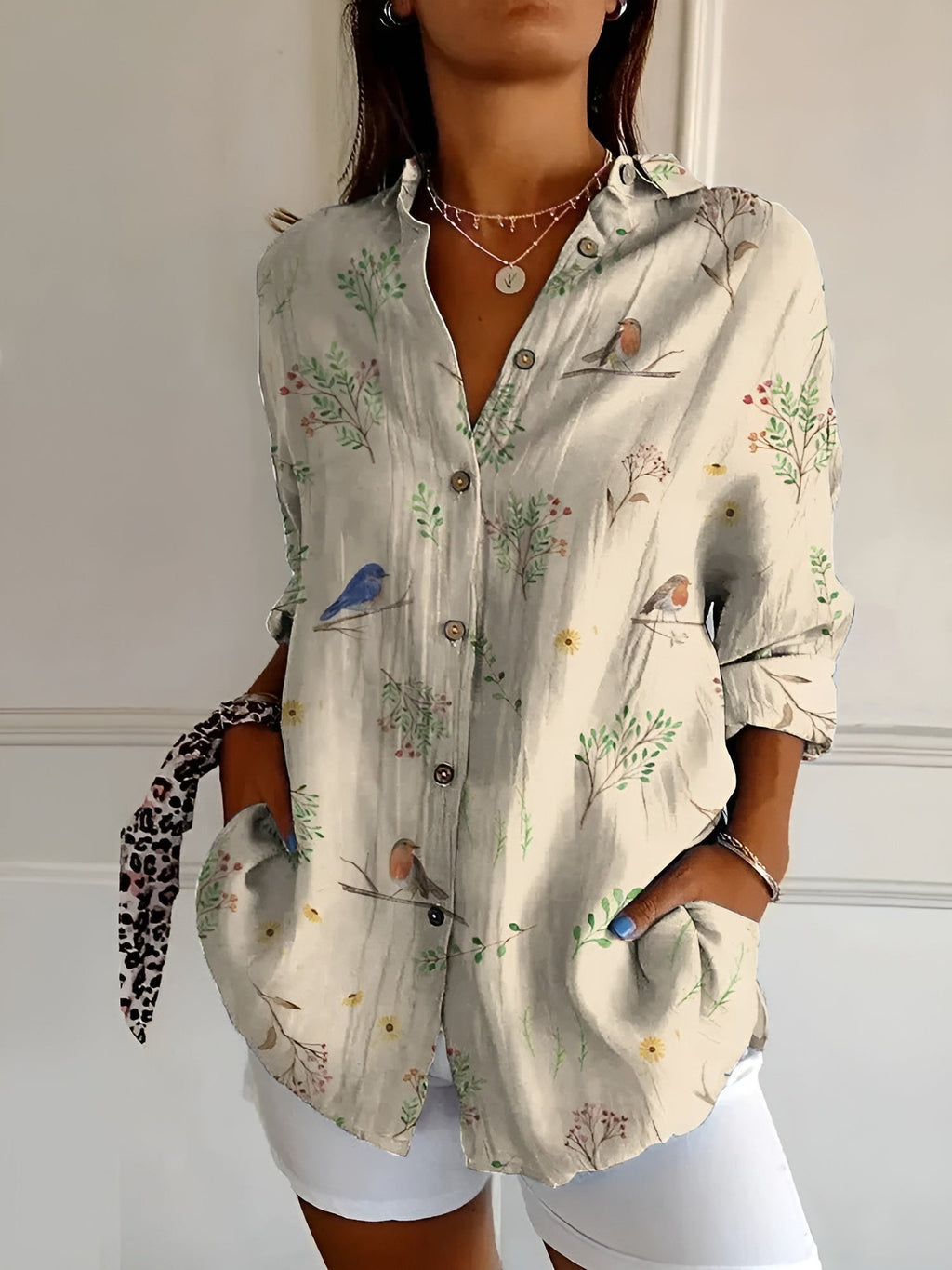 Abstract Print Split Neck Blouse Roll-Up Sleeve