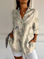 Abstract Print Split Neck Blouse Roll-Up Sleeve