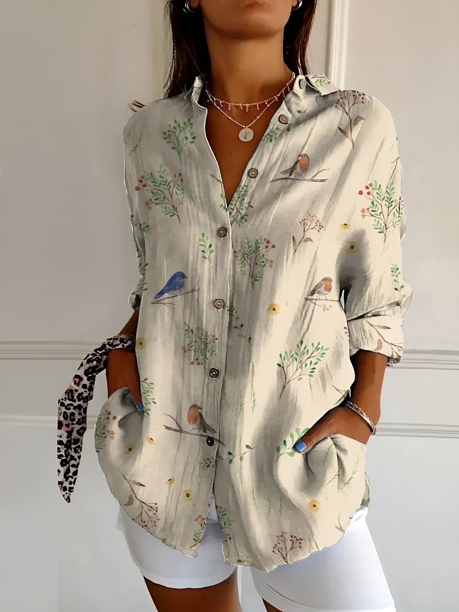 Abstract Print Split Neck Blouse Roll-Up Sleeve
