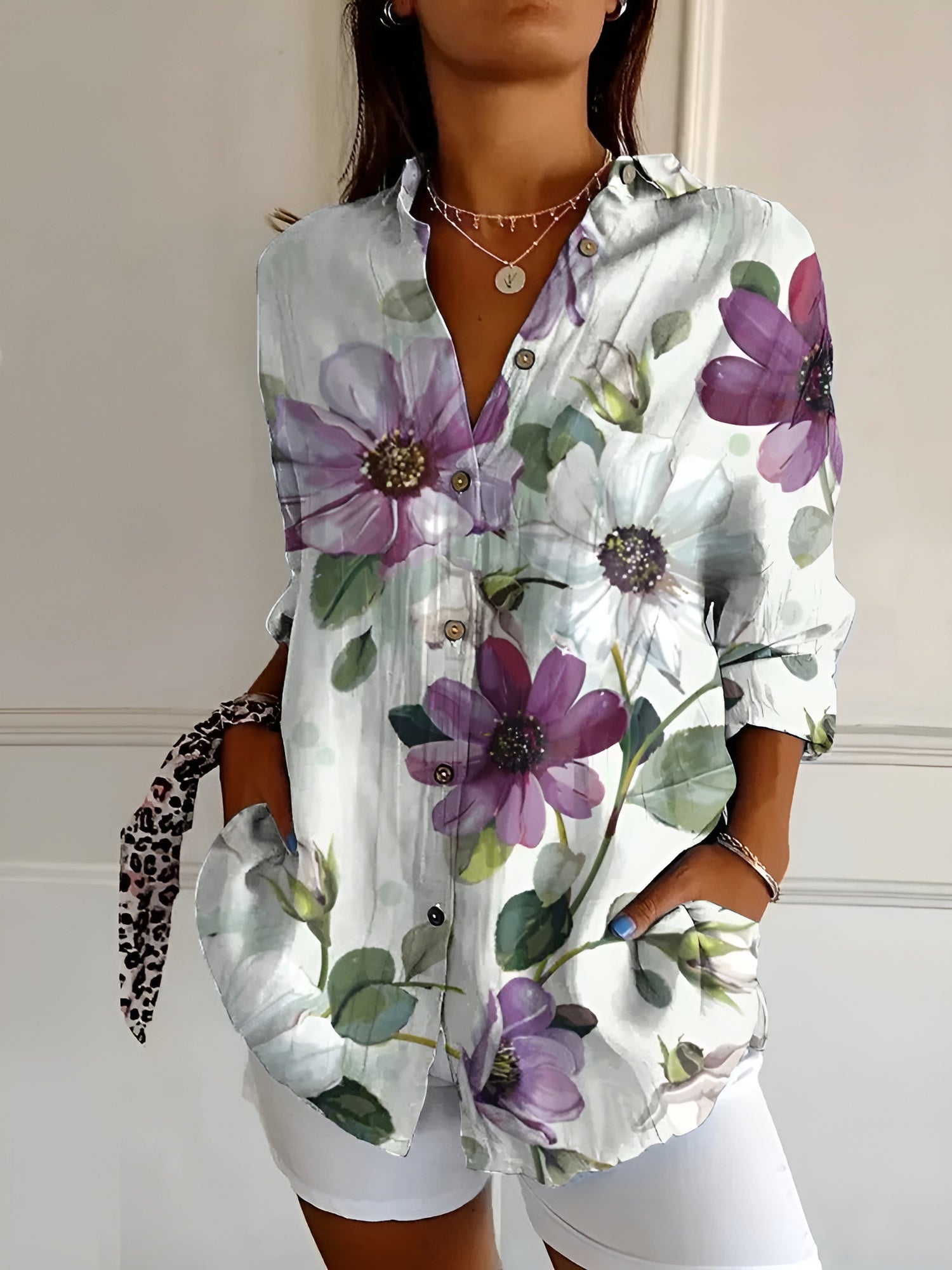 Abstract Print Split Neck Blouse Roll-Up Sleeve
