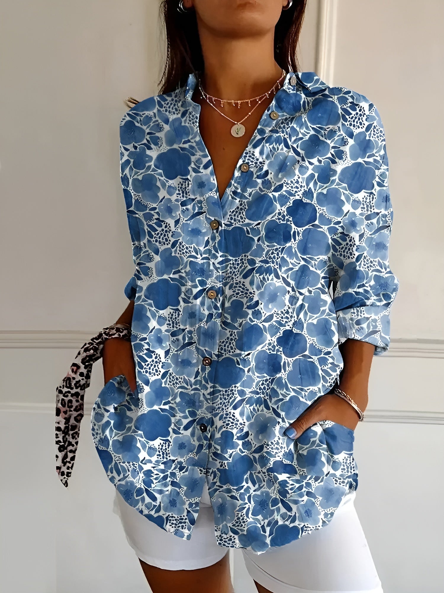 Abstract Print Split Neck Blouse Roll-Up Sleeve