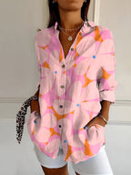 Abstract Print Split Neck Blouse Roll-Up Sleeve