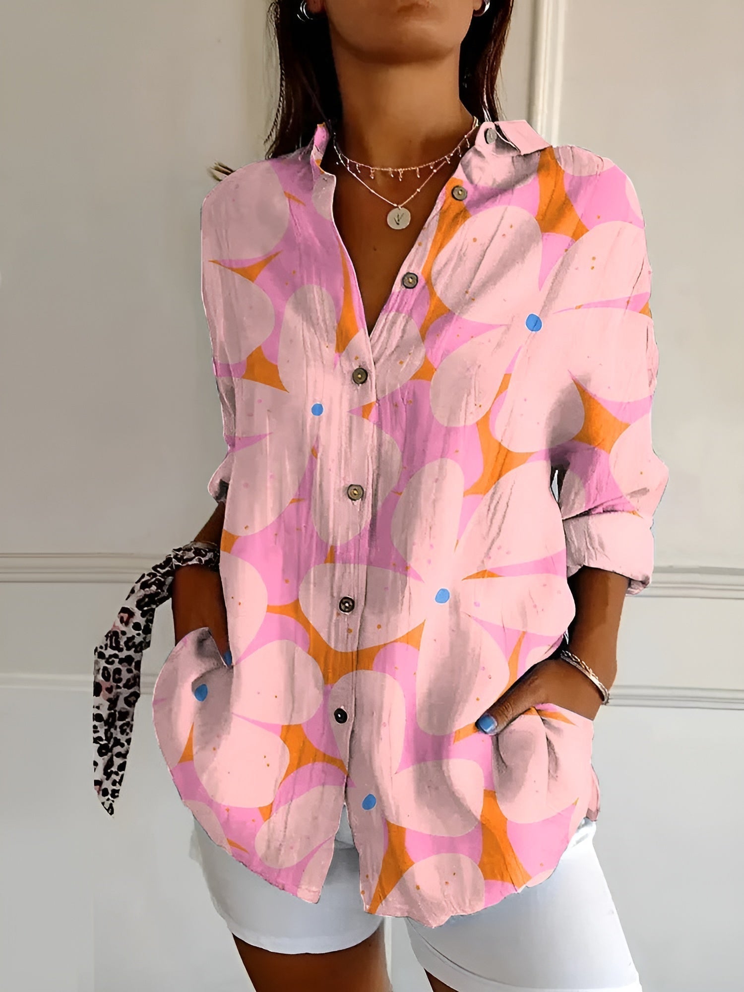 Abstract Print Split Neck Blouse Roll-Up Sleeve