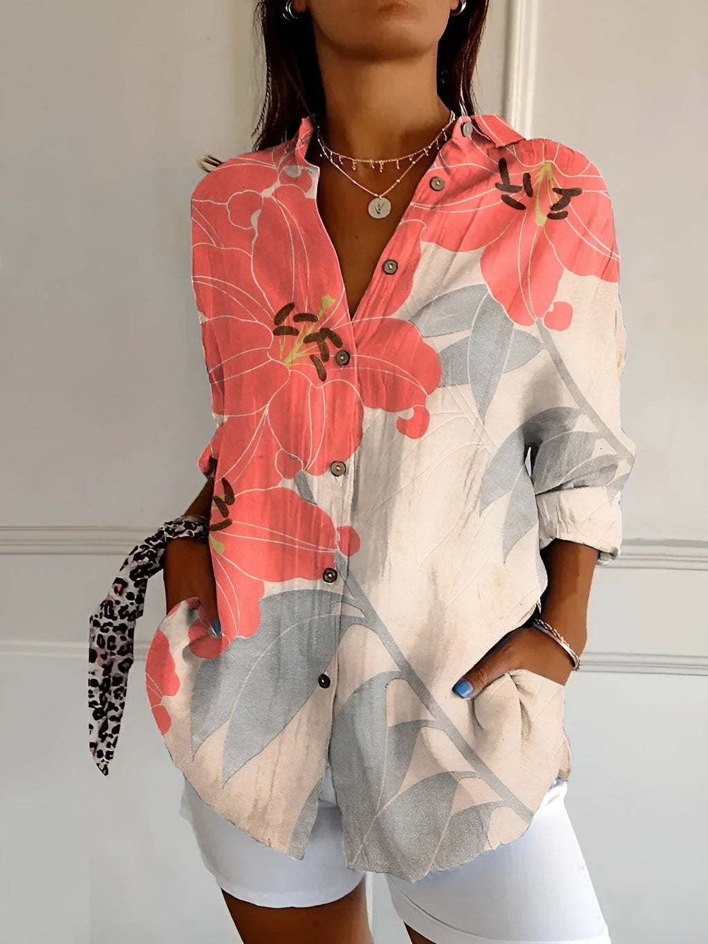 Abstract Print Split Neck Blouse Roll-Up Sleeve