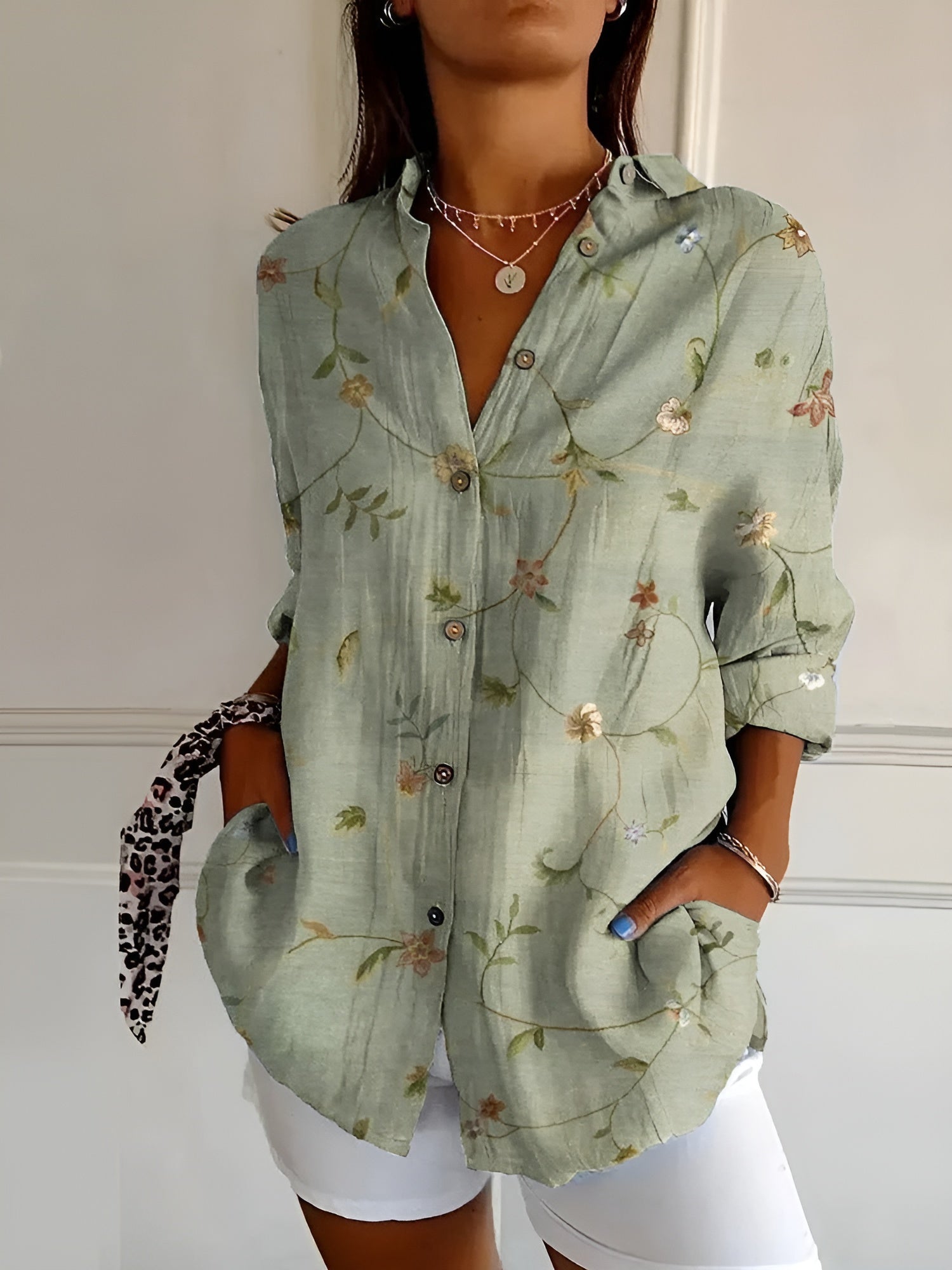 Abstract Print Split Neck Blouse Roll-Up Sleeve