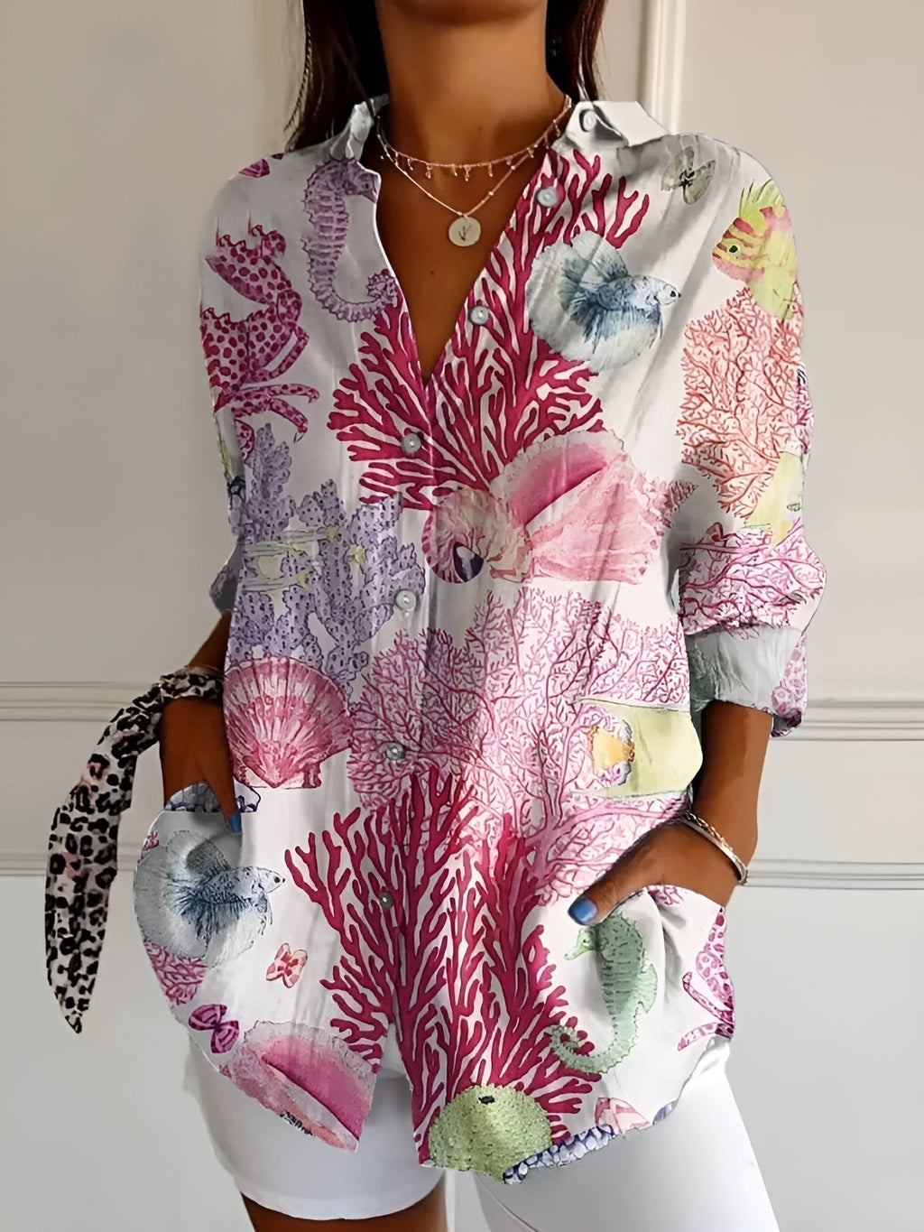 Abstract Print Split Neck Blouse Roll-Up Sleeve