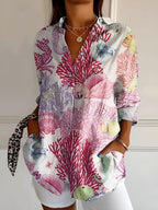 Abstract Print Split Neck Blouse Roll-Up Sleeve