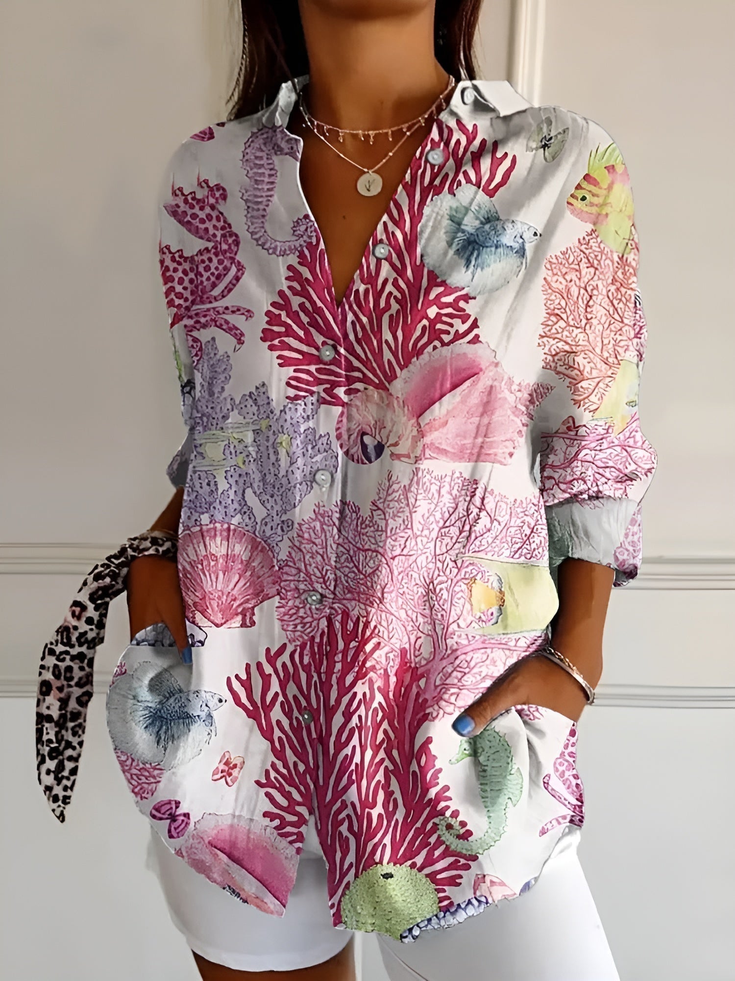 Abstract Print Split Neck Blouse Roll-Up Sleeve