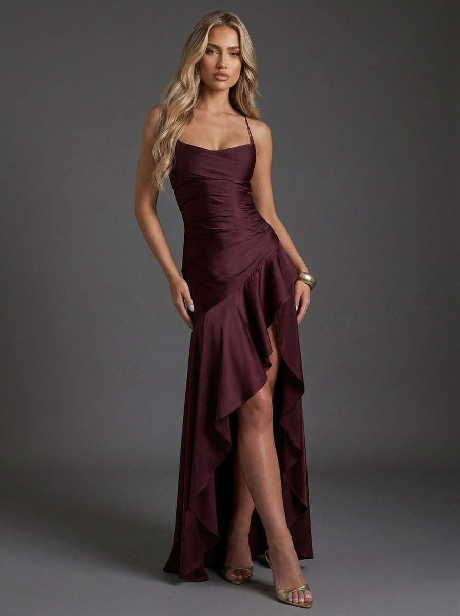 Wedding Guest Dress Maxi Satin Ruched Split