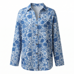 Abstract Print Split Neck Blouse Roll-Up Sleeve