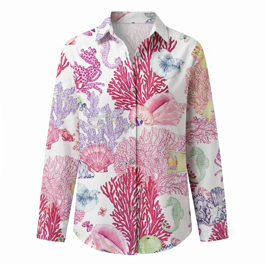 Abstract Print Split Neck Blouse Roll-Up Sleeve