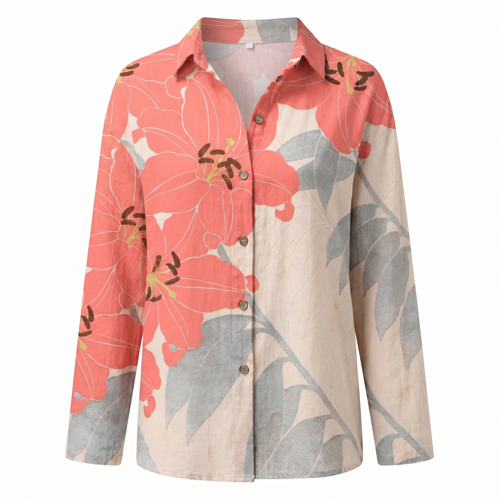 Abstract Print Split Neck Blouse Roll-Up Sleeve