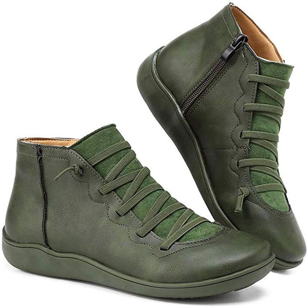 Flat Ankle Boots Side Zip Faux Leather Lace Panel Everyday