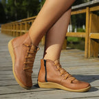 Flat Ankle Boots Side Zip Faux Leather Lace Panel Everyday