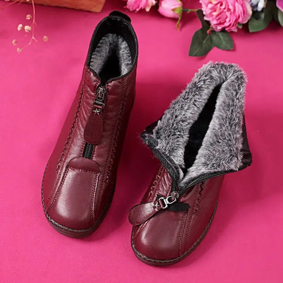 Ankle Boots Fleece Lined Side Zip Leather Anti Slip Sole