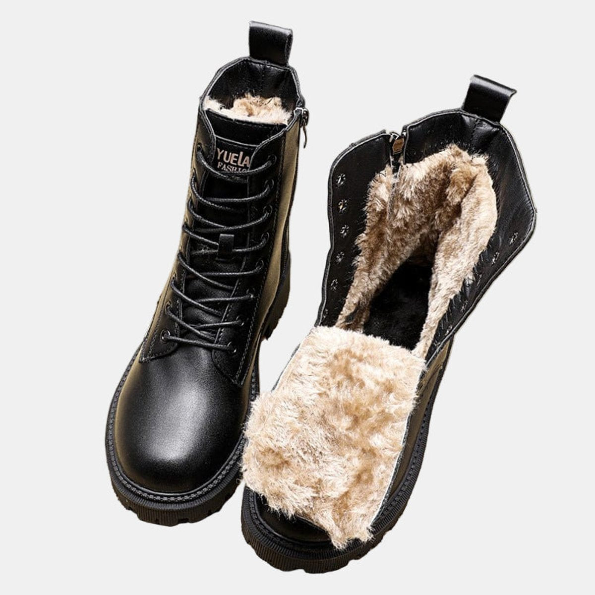 Lace Up Boots Fur Lined Faux Leather Sherpa Winter Warm